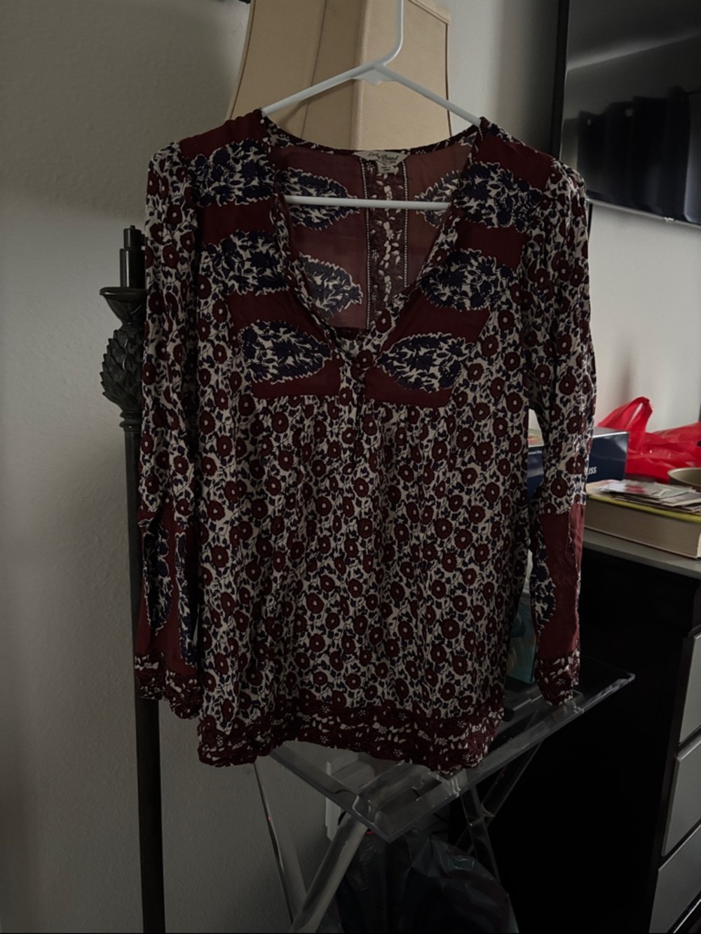 Lucky Brand Burgundy and Navy Floral Long Sleeve Top